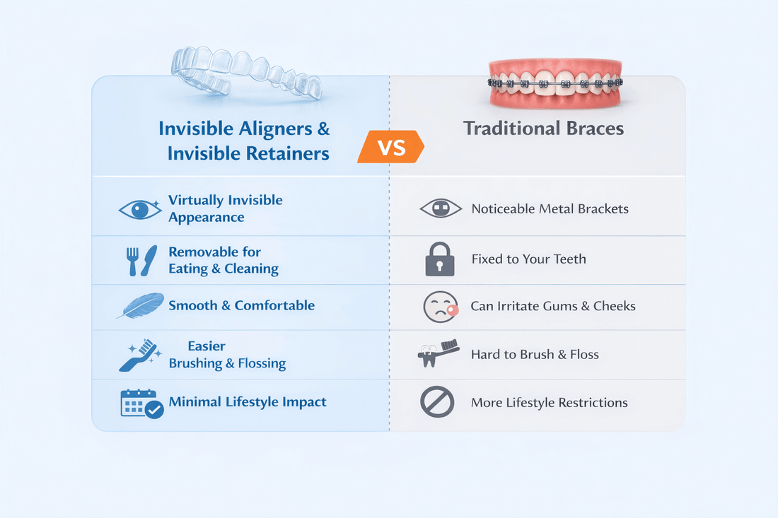 Invisible Aligners vs Traditional Braces: A Clear Comparison for Modern Orthodontics infographic showing key differences