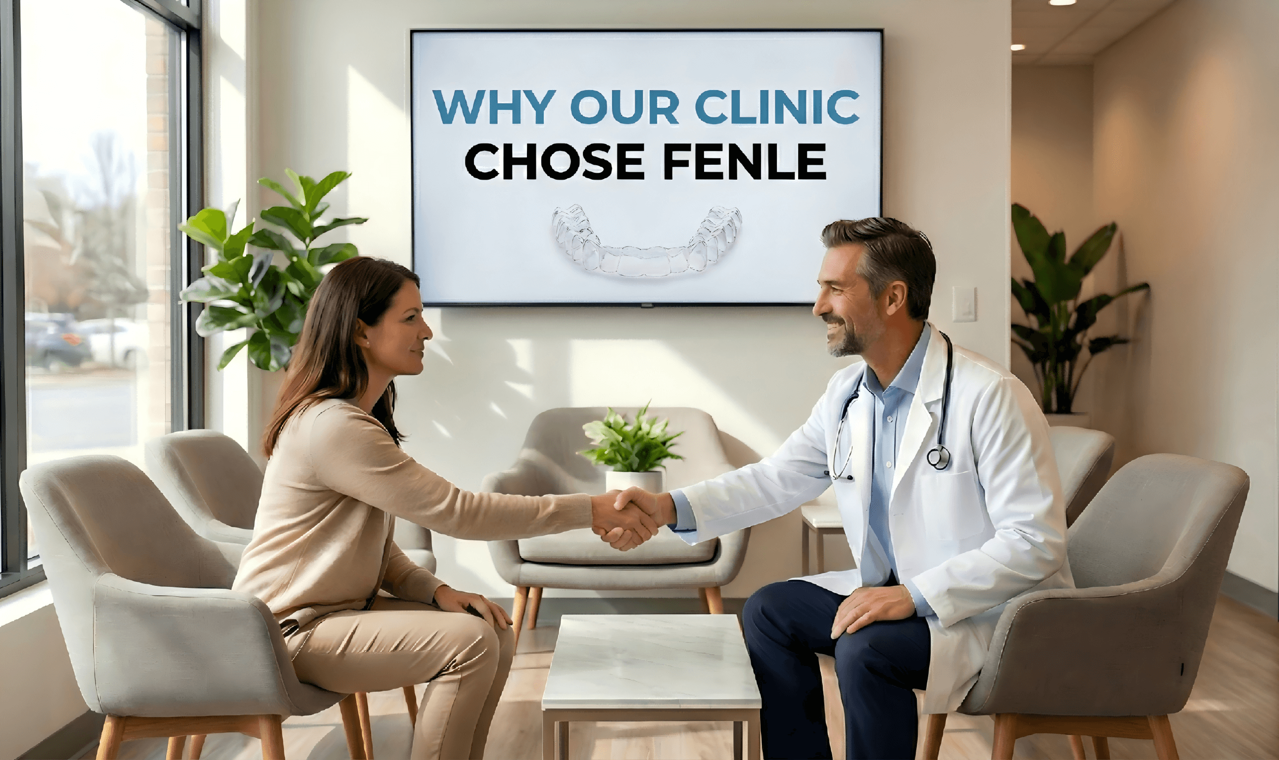 Image of a patient and a doctor shaking hands in a clinic featuring a sign that reads 'WHY OUR CLINIC CHOSE FENLE'.