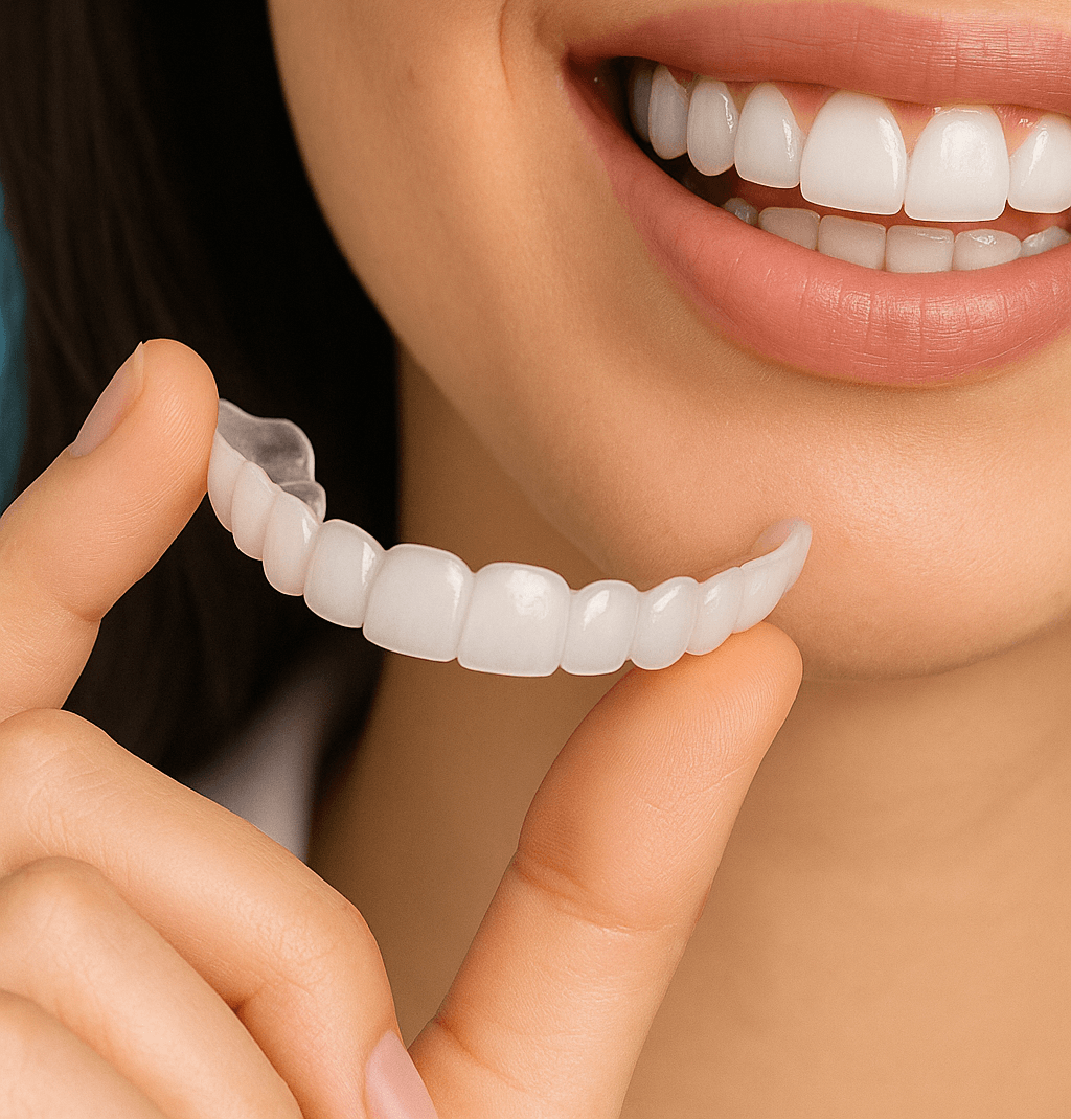 Person holding Decorative Veneer to mask dental imperfections and enhance smile confidence.