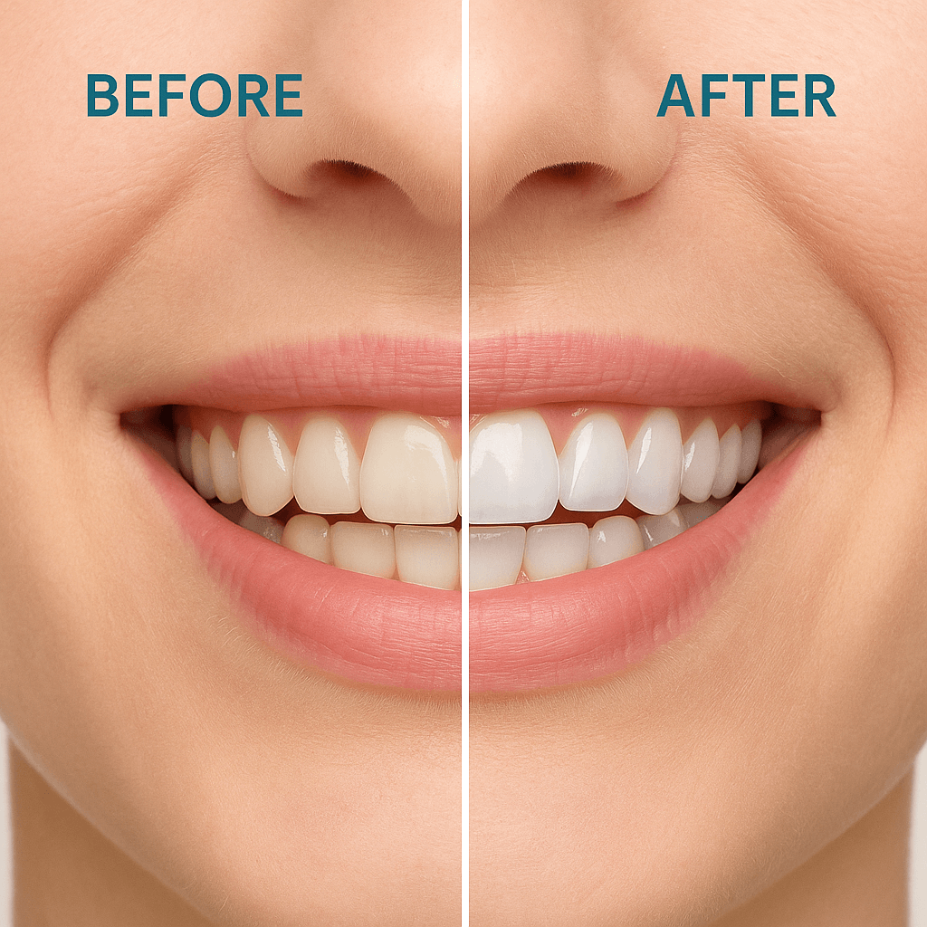 Before and after smile transformation using Decorative Veneer for improved confidence and flawless appearance.