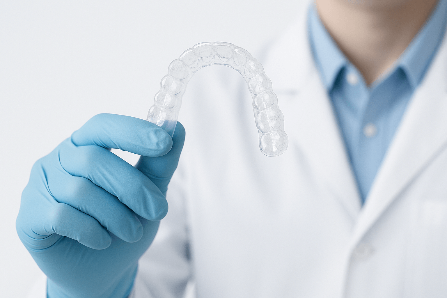 Clear Retainer held by a dentist in blue gloves, showcasing its custom-fit and transparent design.