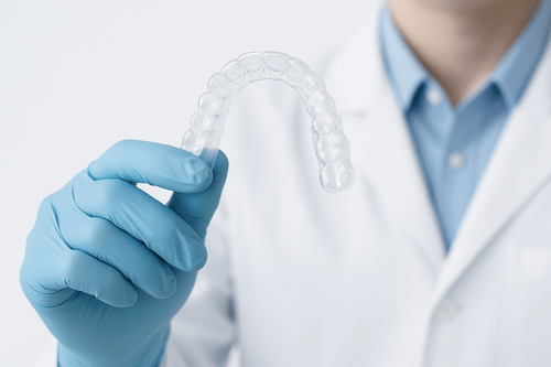 Clear Retainer held by a dentist in blue gloves, showcasing its custom-fit and transparent design.