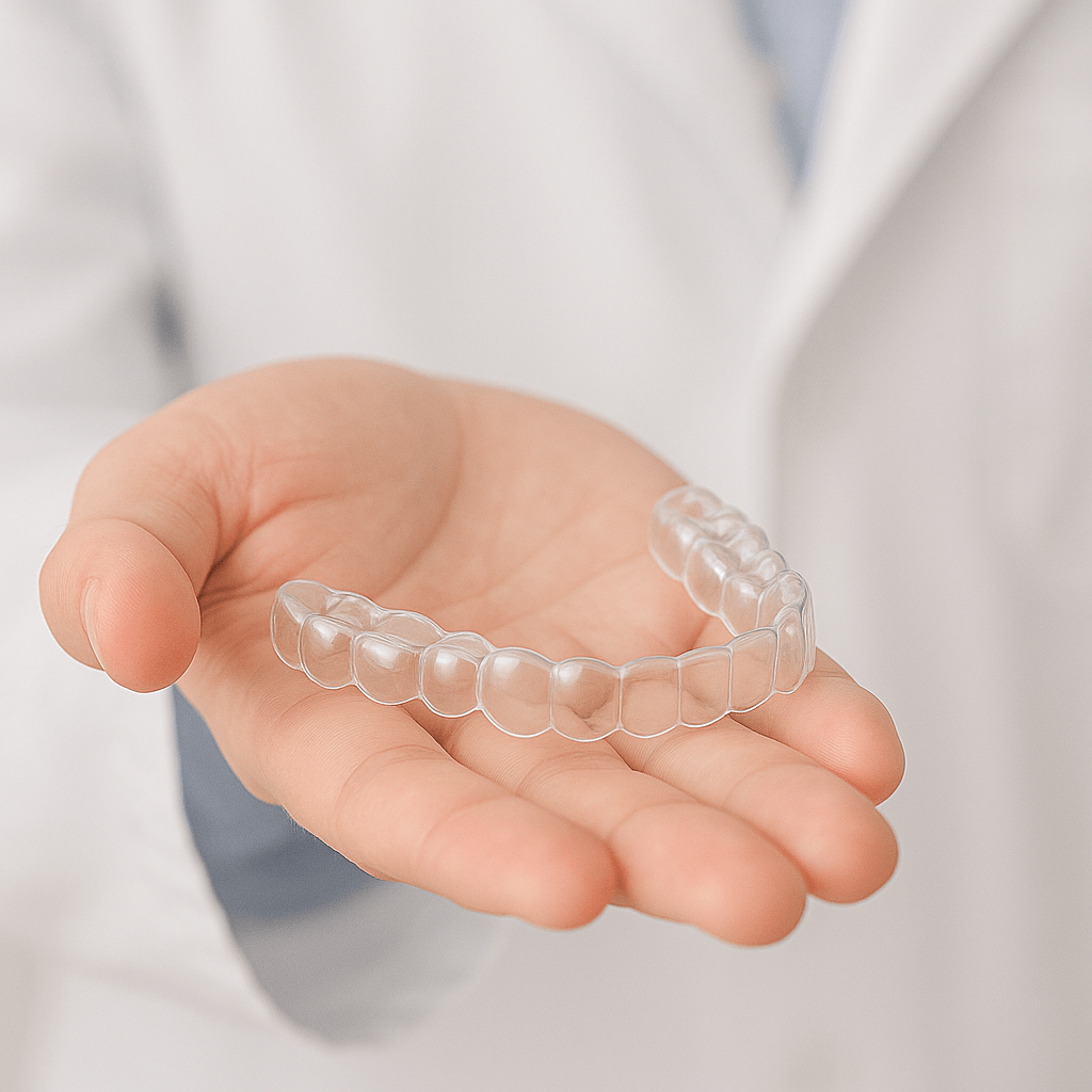Aligner shown in a hand, depicting a pure path to a perfect smile with clean, safe materials for teeth straightening.