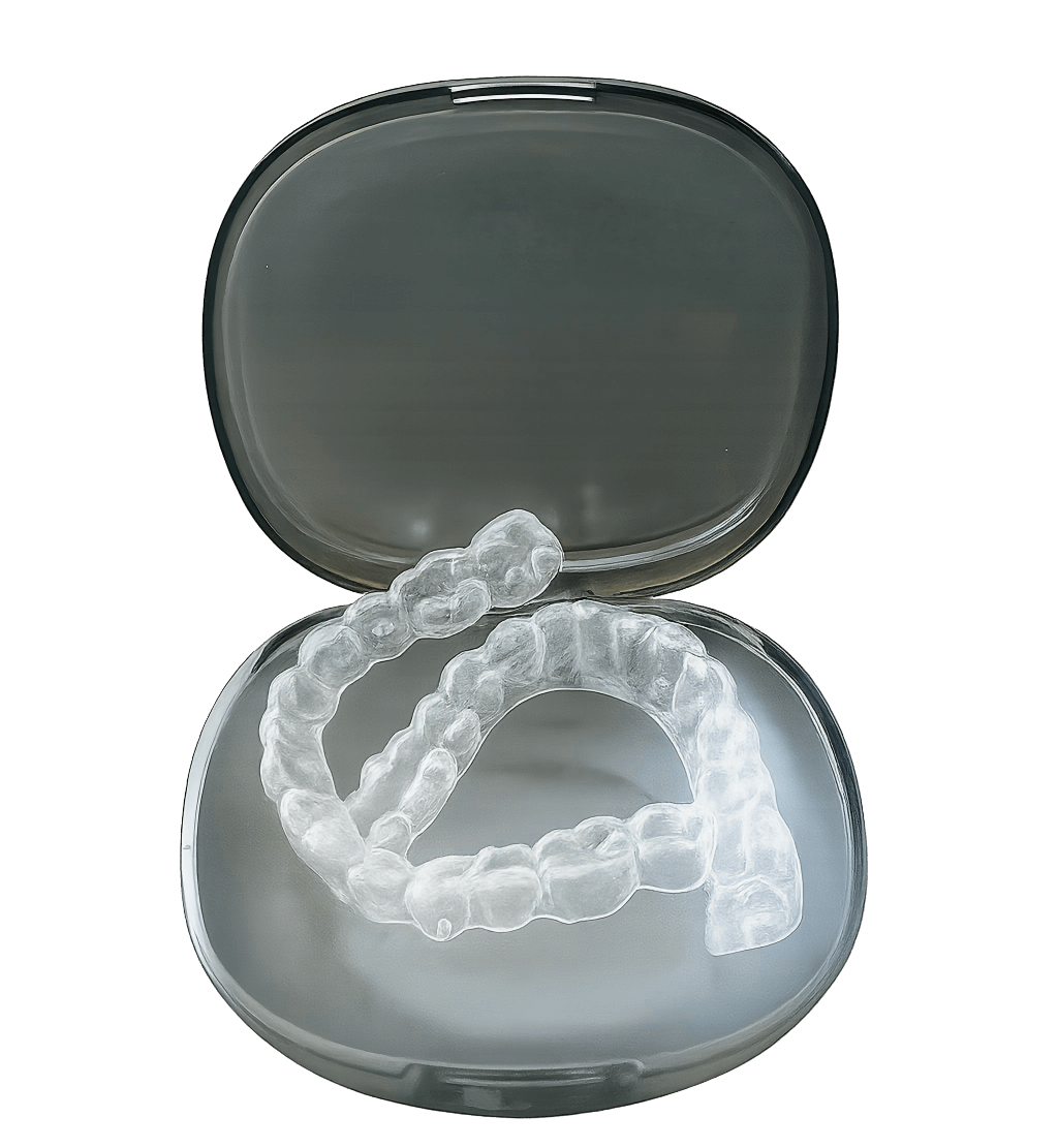 Orthodontic Accessories including clear aligners inside a protective case for dental treatment.