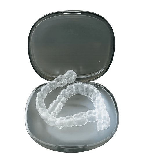 Orthodontic Accessories including clear aligners inside a protective case for dental treatment.