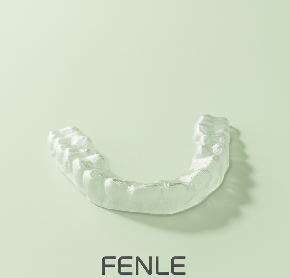 Clear Retainer on a light green background showcasing FENLE's custom-fit and durable design.